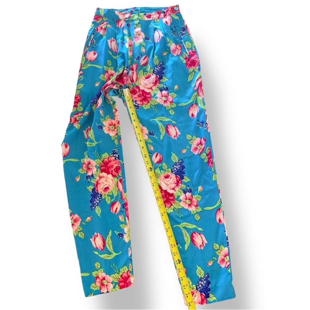 Vintage Adrienne Vittadini 100% Silk Floral Pants Size 6 Turquoise Blue Pleated - Picture 4 of 9
